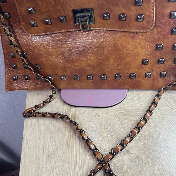 Studded Tan Leather Shoulder Bag - Picture 2 of 12